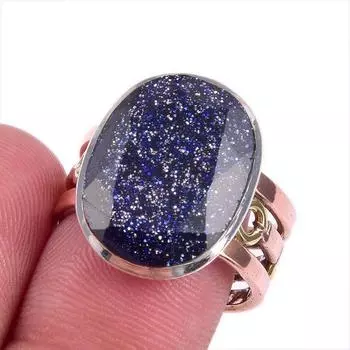 Natural Blue Sunstone Gemstone Two Tone 925 Sterling Silver Gift Ring S.8 E8q97