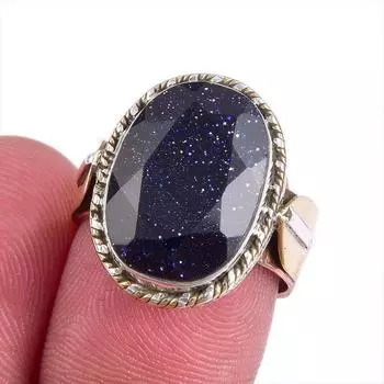 Natural Blue Sunstone Gemstone Two Tone 925 Sterling Silver Ring Size 6.5 k8H98