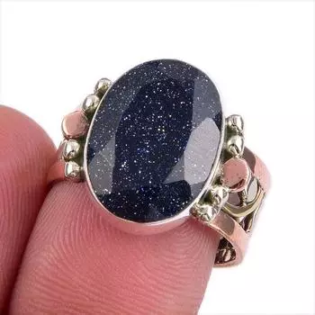 Natural Blue Sunstone Gemstone Two Tone 925 Sterling Silver Ring Size 7.5 P0e51