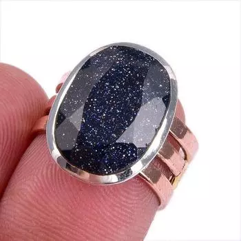 Natural Blue Sunstone Gemstone Two Tone 925 Sterling Silver Ring Size 5.5 s5D49