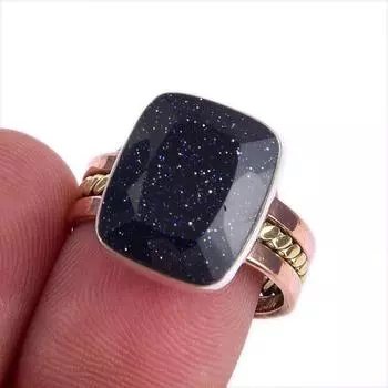 Natural Blue Sunstone Gemstone Two Tone 925 Sterling Silver Ring Size 7.5 U8P52