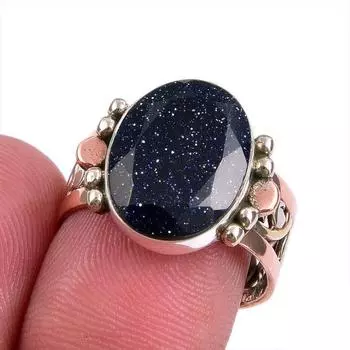 Natural Blue Sunstone Gemstone Two Tone 925 Sterling Silver Ring Size 7.5 G1P46