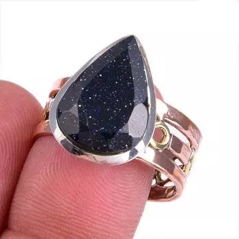 Natural Blue Sunstone Gemstone Two Tone 925 Sterling Silver Gift Ring S.10 R9F18