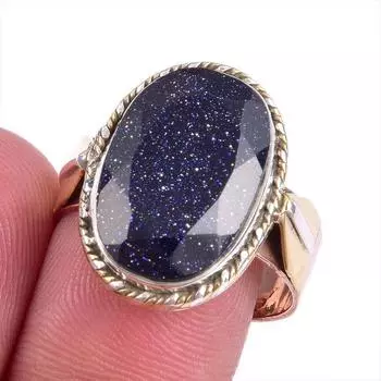 Natural Blue Sunstone Gemstone Two Tone 925 Sterling Silver Gift Ring S.9 v7T12
