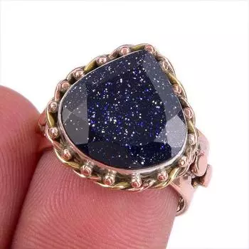 Natural Blue Sunstone Gemstone Two Tone 925 Sterling Silver Ring Size 6.5 M1f86