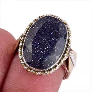 Natural Blue Sunstone Gemstone Two Tone 925 Sterling Silver Ring Size 6.5 E8C99