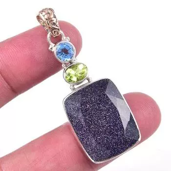 Natural Blue Sunstone,Peridot 925 Solid Sterling Silver Gift Pendant 1.75 c0u61