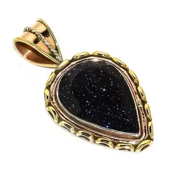 Natural Blue Sunstone Two Tone 925 Solid Sterling Silver Gift Pendant 1.75 J8k33