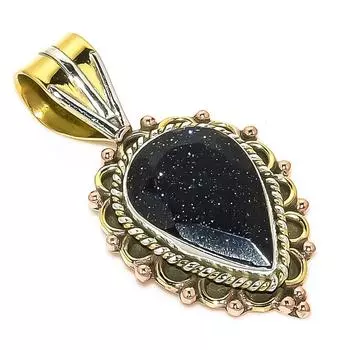 Natural Blue Sunstone Two Tone 925 Solid Sterling Silver Gift Pendant 1.25 S0N64