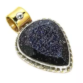 Natural Blue Sunstone TwoTone 925 Solid Sterling Silver Gift Pendant 1.25 Y3A42