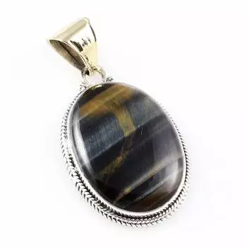 Natural Blue Tiger Eye Gemstone 925 Sterling Silver Two Tone Pendant 1.8 e9G59