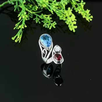 Natural Blue Topaz, Garnet Gemstone 925 Sterling Silver Ring Size 8.5 U9f10