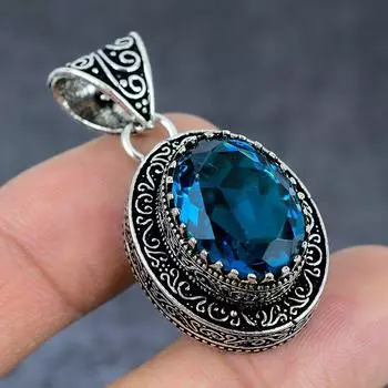 Natural Blue Topaz Gemstone 925 Sterling Silver Jewelry Pendant 1.77 q5D96