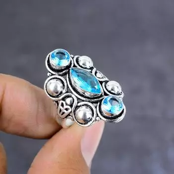Natural Blue Topaz Gemstone Handmade 925 Sterling Silver Gift Ring Size 9 q9v92