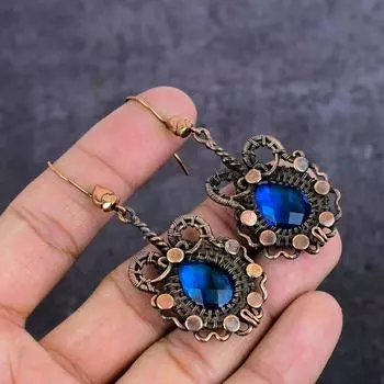 Натуральный голубой топаз, драгоценный камень, ручная работа, украшение из медной проволоки, серьга 2,76 D8D78