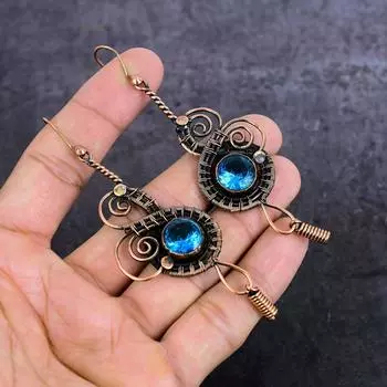 Natural Blue Topaz Gemstone Handmade Copper Wire Wrap Jewelry Earring 3.86 n1E28
