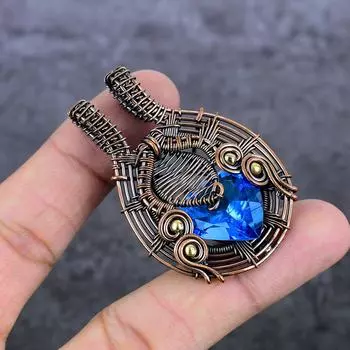 Natural Blue Topaz Gemstone Handmade Copper Wire Wrap Jewelry Pendant 2.25 P1T85