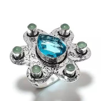 Natural Blue Topaz, Prehnite Gemstone 925 Sterling Silver Ring Size 6 B3L25