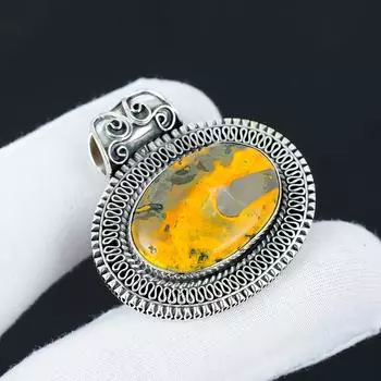 Natural Bumble Bee Jasper Gemstone Silver Pendant in 925 Sterling Silver- Handmade Design, Everyday Wear Jewelry, Antique Pendant Easter Gifts 2.36 жёлтый
