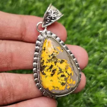 Natural Bumble Bee Jasper Pendant 925 sterling silver pendant gemstone pendant pear shape pendant gift for her жёлтый