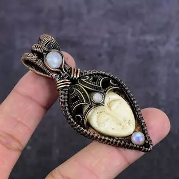 Natural Cameo, Moonstone Gemstone Copper Wire Wrap Jewelry Pendant 2.96 R0d50