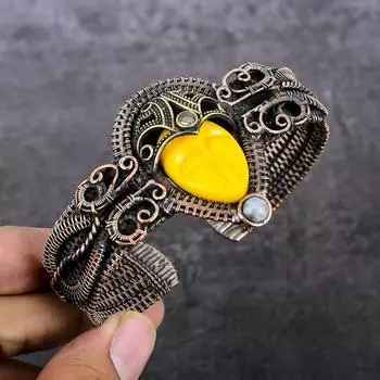 Браслет-манжета из натуральной камеи, лунного камня, медной проволоки, регулируемый m4t59