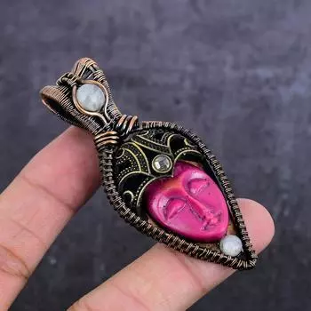 Natural Cameo, Moonstone Gemstone Copper Wire Wrap Jewelry Pendant 3.07 W8f93