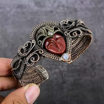 Natural Cameo, Moonstone Gemstone Copper Wire Wrap Cuff Bangle Adjustable Z6P36