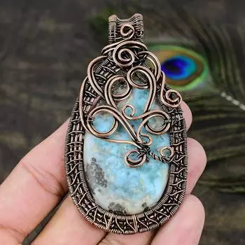 Natural Caribbean Larimar Gemstone Copper Wire Wrap Gift Pendant 3.43 a9Z97