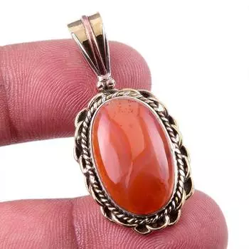 Natural Carnelian Gemstone 925 Solid Sterling Silver Two Tone Pendant 1.75 T9Y91