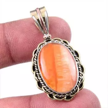 Natural Carnelian Gemstone 925 Solid Sterling Silver Two Tone Pendant 1.50 w7D19