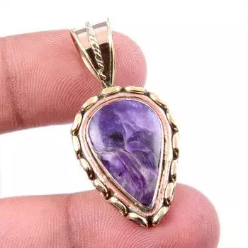 Natural Charoite Gemstone 925 Solid Sterling Silver Two Tone Pendant 1.5 m8l04