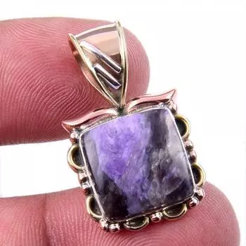 Natural Charoite Gemstone 925 Solid Sterling Silver Two Tone Pendant 1.25 H5F66
