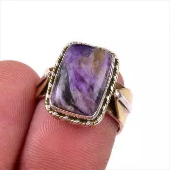 Natural Charoite Gemstone 925 Solid Sterling Silver Gift Two Tone Ring S.6 a4c14
