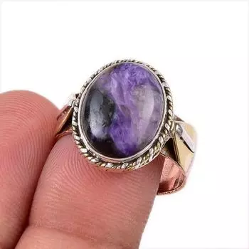 Natural Charoite Gemstone 925 Solid Sterling Silver Gift Two Tone Ring S.9 N2n85
