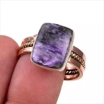 Natural Charoite Gemstone 925 Solid Sterling Silver Gift Two Tone Ring S.9 Z8S34