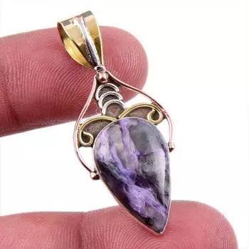 Natural Charoite Gemstone 925 Solid Sterling Silver Two Tone Pendant 1.5 u0G96
