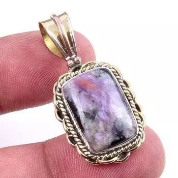 Natural Charoite Gemstone 925 Solid Sterling Silver Two Tone Pendant 1.50 v8U03