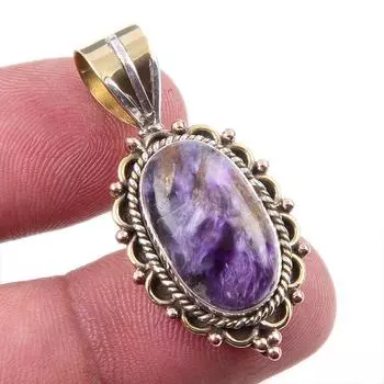Natural Charoite Gemstone 925 Solid Sterling Silver Two Tone Pendant 1.50 m3w35