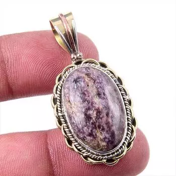 Natural Charoite Gemstone 925 Solid Sterling Silver Two Tone Pendant 1.75 U5p29