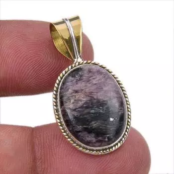 Natural Charoite Gemstone 925 Solid Sterling Silver Two Tone Pendant 1.25 W7Y31