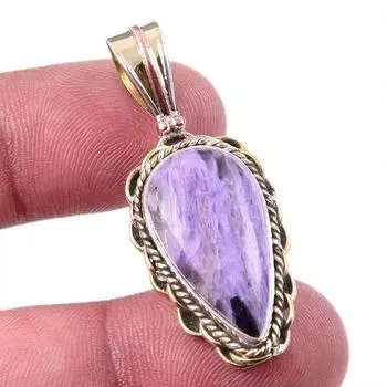 Natural Charoite Gemstone 925 Solid Sterling Silver Two Tone Pendant 1.50 F8L80