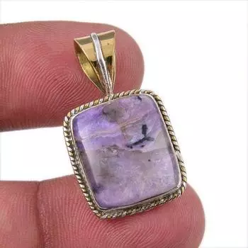 Natural Charoite Gemstone 925 Solid Sterling Silver Two Tone Pendant 1 T1i76