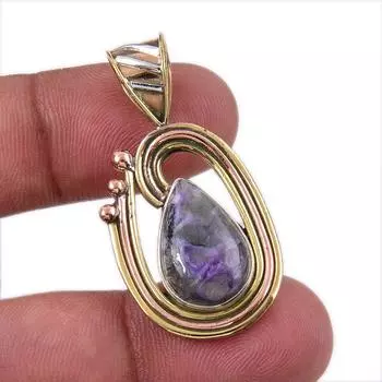 Natural Charoite Gemstone 925 Solid Sterling Silver Two Tone Pendant 1.50 t5M63