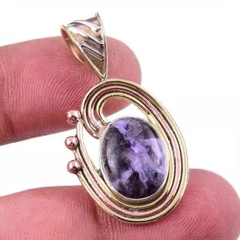 Natural Charoite Gemstone 925 Solid Sterling Silver Two Tone Pendant 1.50 l3y31