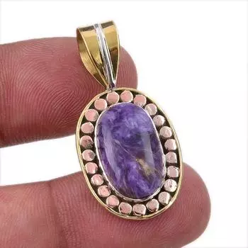Natural Charoite Gemstone 925 Solid Sterling Silver Two Tone Pendant 1.50 q6P87