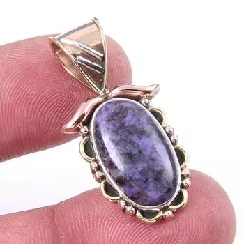 Natural Charoite Gemstone 925 Solid Sterling Silver Two Tone Pendant 1.25 r6j95