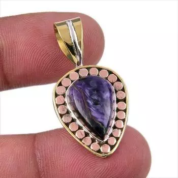 Natural Charoite Gemstone 925 Solid Sterling Silver Two Tone Pendant 1.50 Z0p00