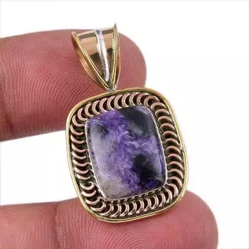 Natural Charoite Gemstone 925 Solid Sterling Silver Two Tone Pendant 1.25 v4O38