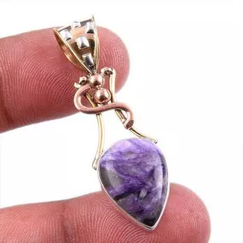 Natural Charoite Gemstone 925 Solid Sterling Silver Two Tone Pendant 1.75 T5S85